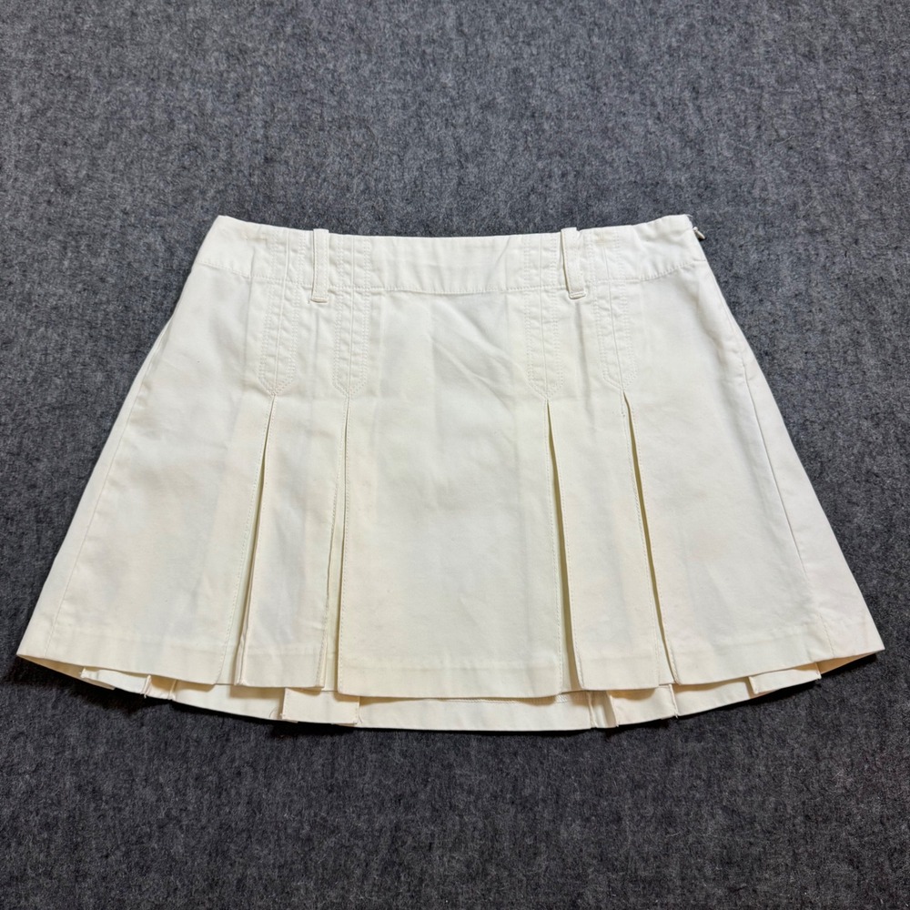 VTG Y2K Express Off White Pleated Mini Skirt Cotton Low Rise Preppy Size 2